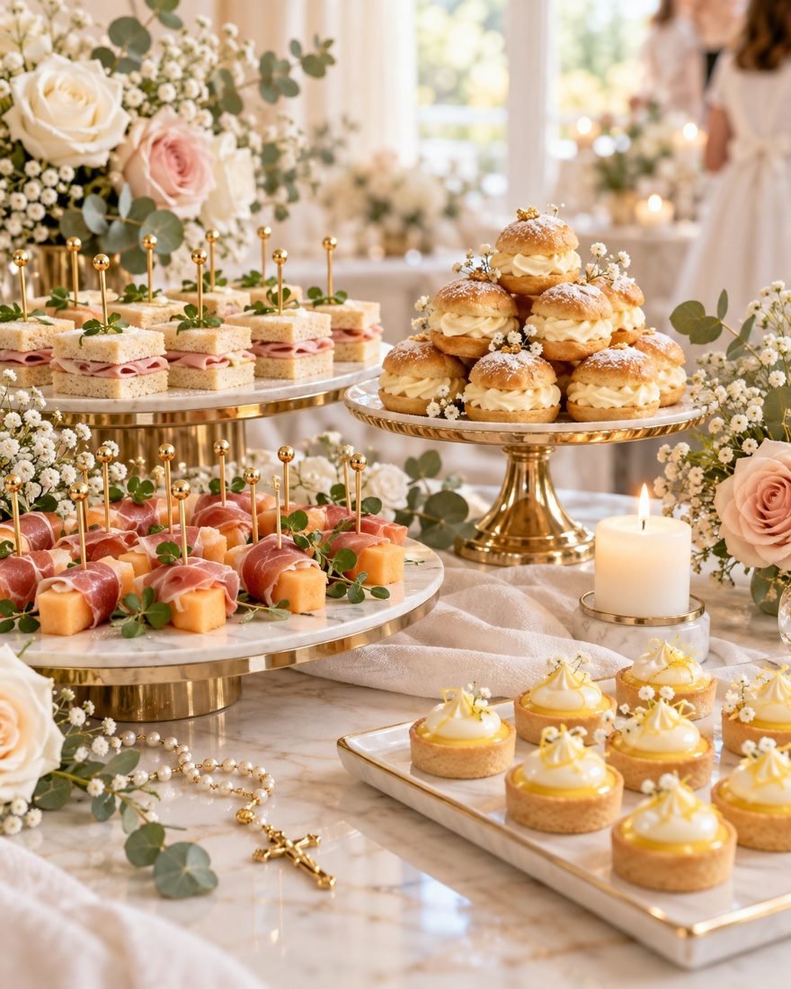 Mesa de pasabocas para la celebración de una primera comunión