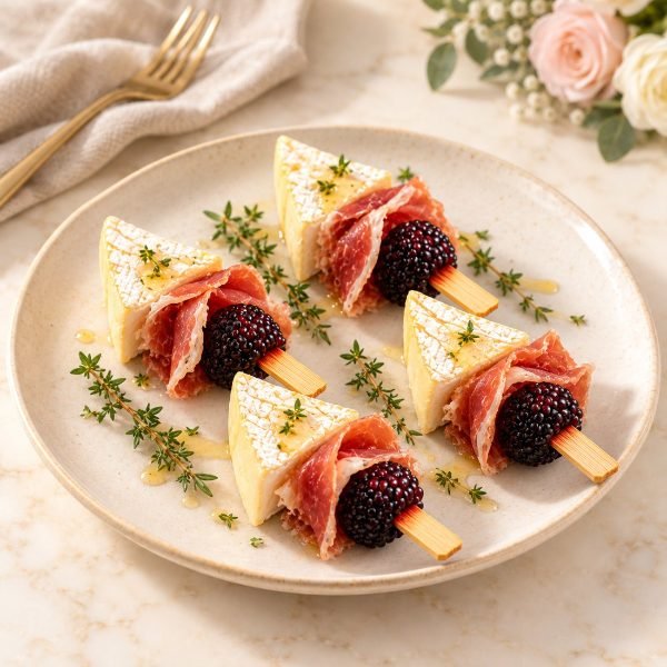 Brocheta serrano, brie y mora