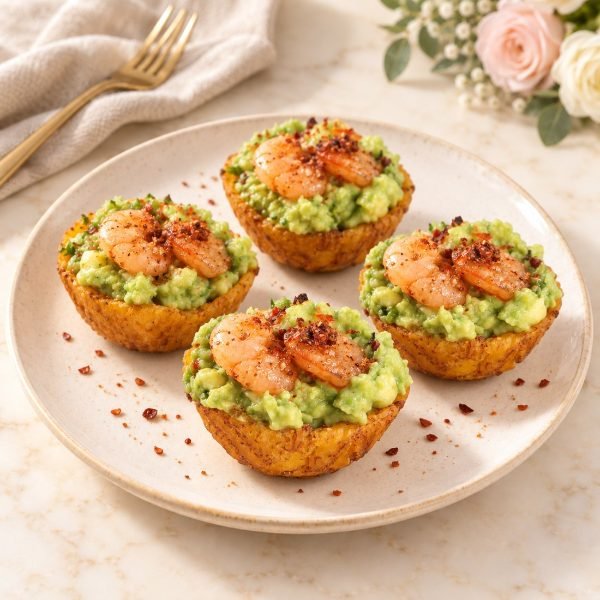 Canastas de patacón con camarones para grados