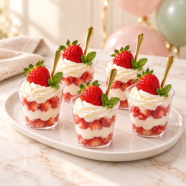 Vasitos de fresas con crema para baby shower