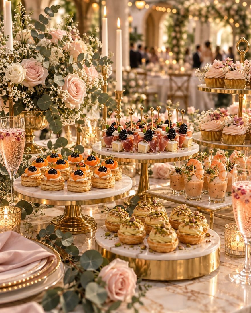 Mesa de catering para un matrimonio con pasabocas y flores